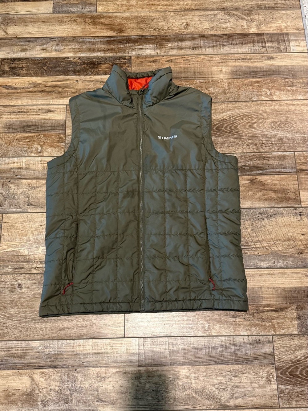 Simms Olive Green Quilted Insulated Vest with Orange Lining